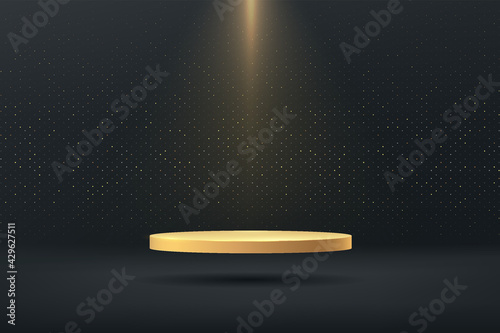 Glowing golden pedestal floating on air with spotlight. Shiny golden glitter minimal wall scene. Luxury and elegant. Abstract black room. Vector rendering 3d shape for Product display presentation. photo