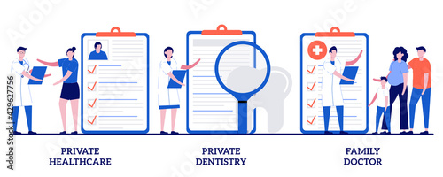 Private healthcare, dentistry, family doctor practitioner concept with tiny people. Private medical services vector illustration set. Non-governmental general medical treatment, primary care metaphor