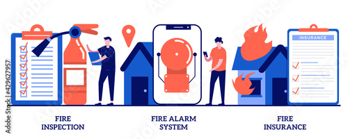 Fire inspection, fire alarm system, fire insurance concept with tiny people. Real estate damage compensation vector illustration set. Firefighter equipment, notification technology control metaphor