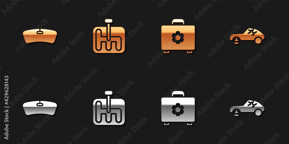 Set Windshield, Gear shifter, Toolbox and Broken car icon. Vector Set Windshield, Gear shifter, Toolbox and Broken car icon. Vector