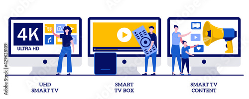 UHD smart TV, smart TV box, 4k video content concept with tiny people. Watch TV vector illustration set. Home entertainment movie theatre, online video service, leisure time, television metaphor