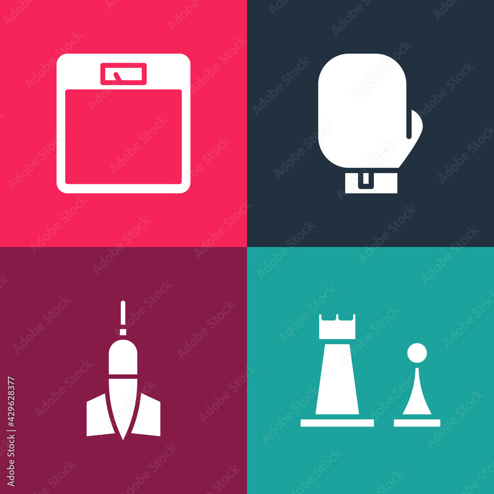 Set pop art Chess, Dart arrow, Boxing glove and Bathroom scales icon. Vector Set pop art Chess, Dart arrow, Boxing glove and Bathroom scales icon. Vector