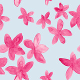 Pink blossom flowers watercolor painting - seamless pattern on light blue background	