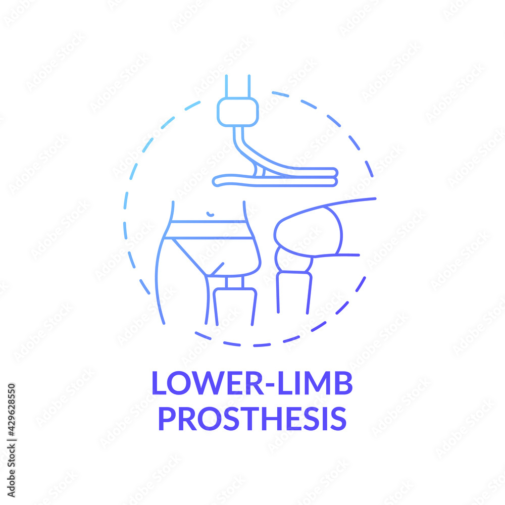 Lower-limb prosthesis concept icon. Prostheses type idea thin line illustration. Joints stability. Sports implants. Mechanical parts. Artificial substitute. Vector isolated outline RGB color drawing