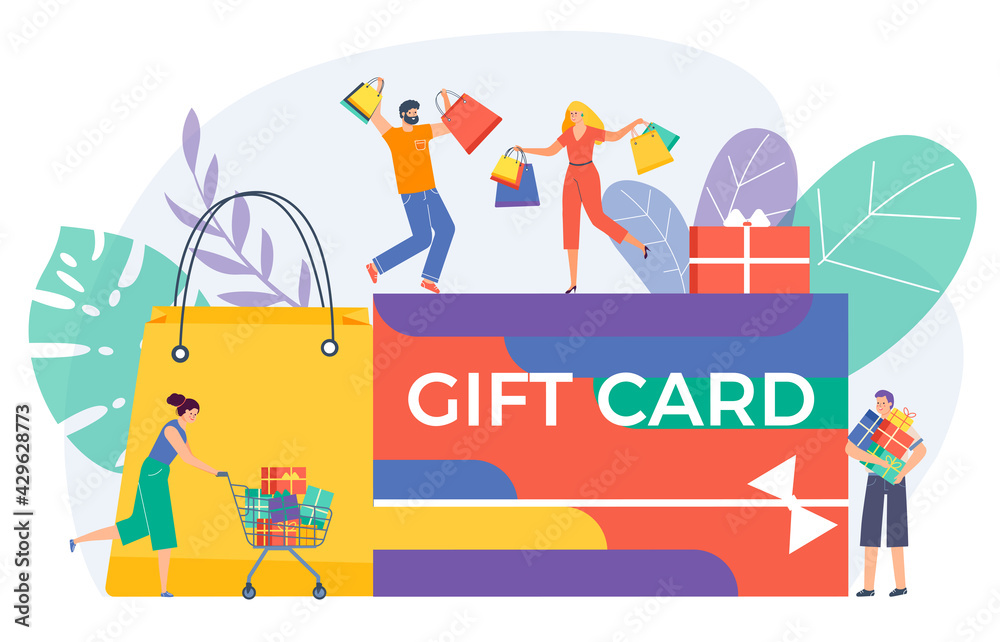 Fototapeta premium Shopping gift card congratulation, people character together voucher holiday discount flat vector illustration, isolated on white.