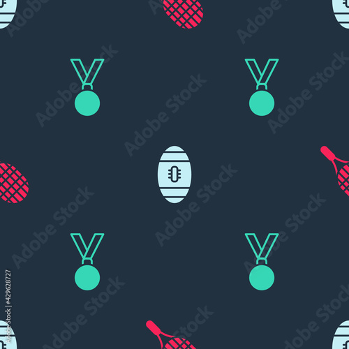 Set Tennis racket, American Football ball and Medal on seamless pattern. Vector
