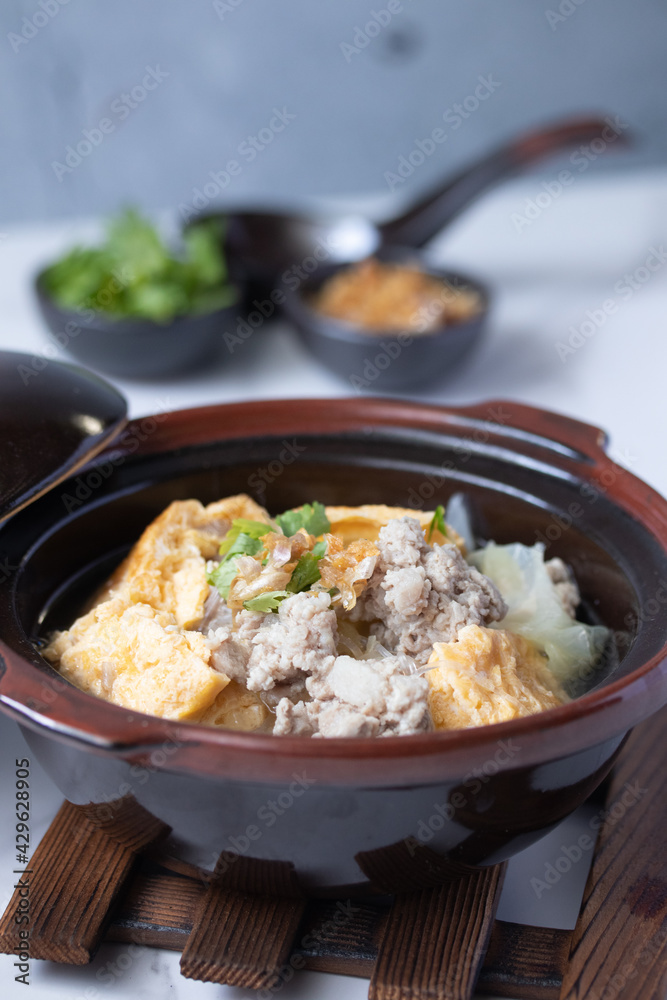 Thai Omelette Soup with Minced Pork in a Hot Cup