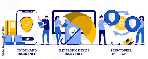 On demand insurance, electronic device insurance, peer to peer insurance concept with tiny people. Services ordering, financial protection, risk sharing abstract vector illustration set