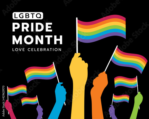 LGBTQ Pride month love celebration text and Hands holding colorful rainbow flags of pride on black background vector design