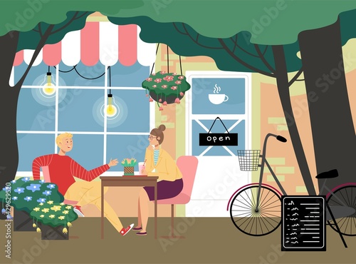 Romantic cafe restaurant place, lovely couple man and woman communicate sitting cafeteria outdoor table flat vector illustration.