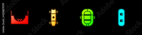 Set Skate park, Longboard or skateboard, Rafting boat and Snowboard icon. Vector