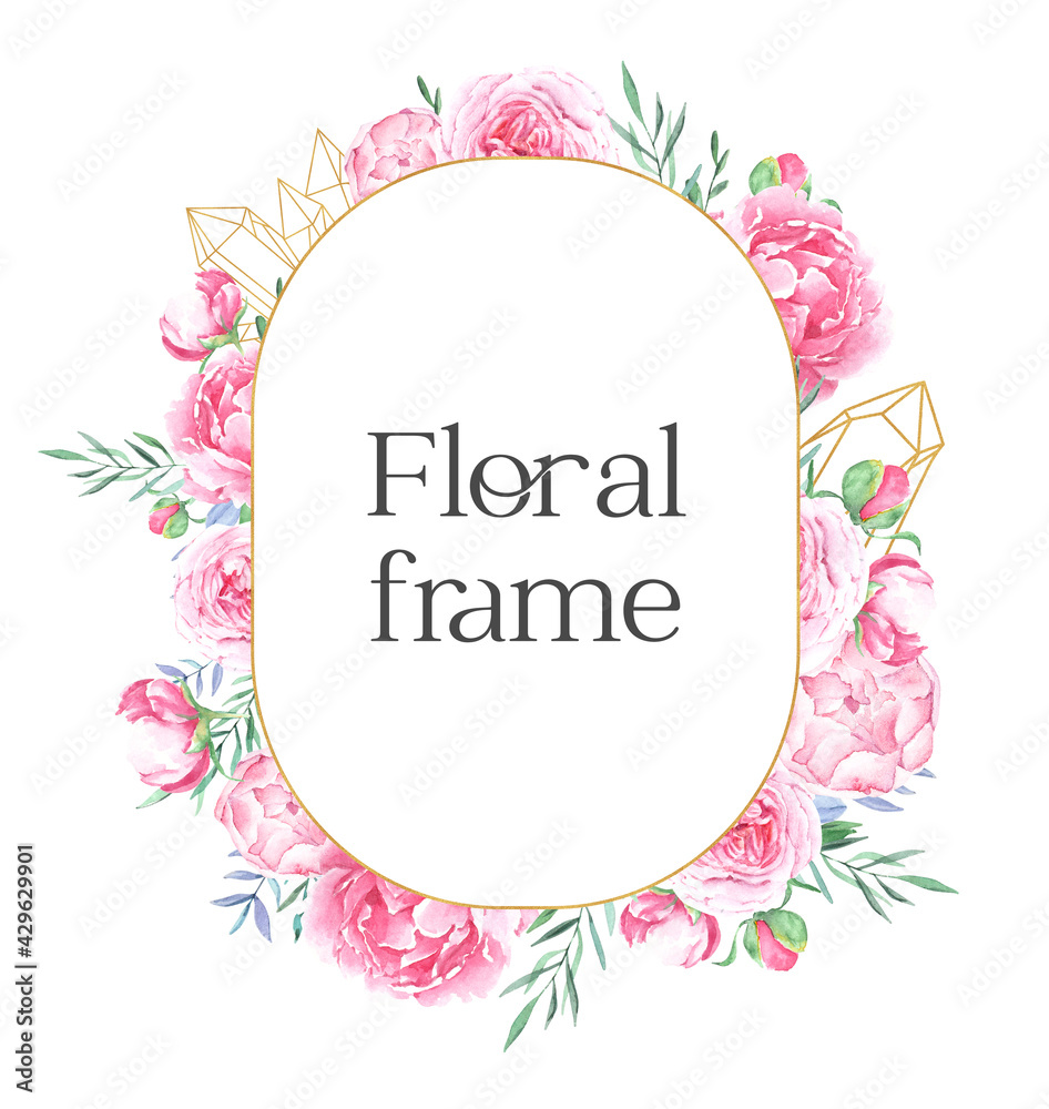 Hand drawn watercolor golden frame with pink peonies and crystals Hand drawn watercolor golden frame with pink peonies and crystals