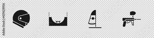 Set Helmet, Skate park, Windsurfing and Paintball gun icon. Vector