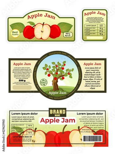 Advertising poster apple jam label, sticker ads fruit jelly foodstuff, pome tablet flat vector illustration, isolated on white.