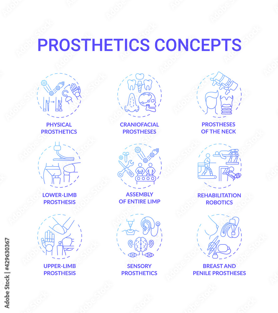 Prosthetics concept icons set. Upper and lower-limb prosthesis idea thin line RGB color illustrations. Breast and penile implants. Artificial device. Neck prostheses. Vector isolated outline drawings