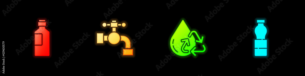 Set Bottle of water, Water tap, Recycle clean aqua and icon. Vector Set Bottle of water, Water tap, Recycle clean aqua and icon. Vector