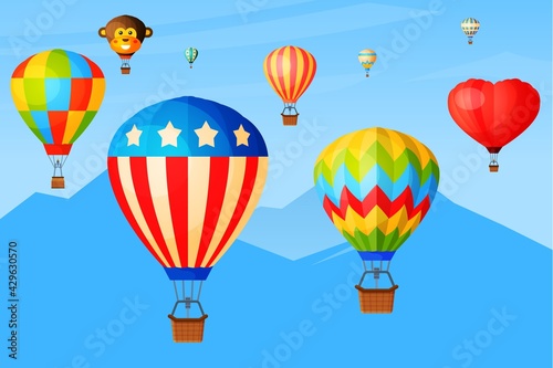 Sky romantic flight, balloons fly over mountain range, banner journey trip aerostat basket postcard flat vector illustration.