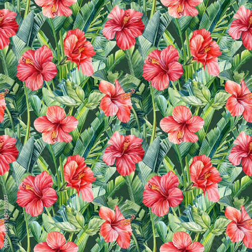 Tropical leaves of banana palm, hibiscus flowers on an isolated background. Watercolor illustration, seamless pattern