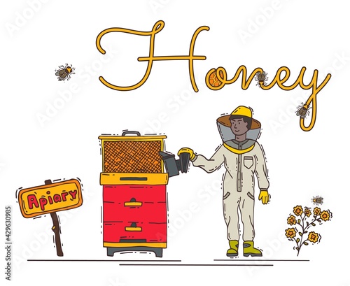 Beekeeper male character pick up honey in apiary, apiarist man person font text linear flat vector illustration, isolated on white.