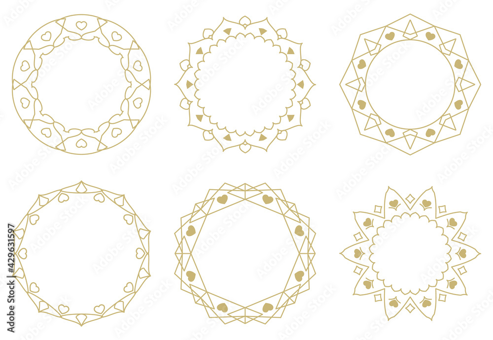 Set of decorative frames. Geometric gold ornaments. Round borders made of lines and hearts. Circle pattern. Design background for invitations and holiday cards. Set of decorative frames. Geometric gold ornaments. Round borders made of lines and hearts. Circle pattern. Design background for invitations and holiday cards.