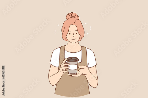 Coffeeshop and cafeteria concept. Young smiling woman barista cartoon character working at cafeteria standing and smiling holding coffee for clients vector illustration 