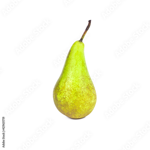 Fresh green organic whole pear close up isolated on white background.