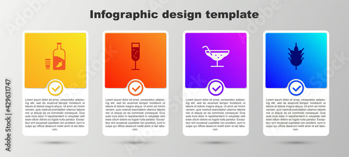 Set Vodka with pepper and glass, Glass of champagne, Cocktail and Hop. Business infographic template. Vector