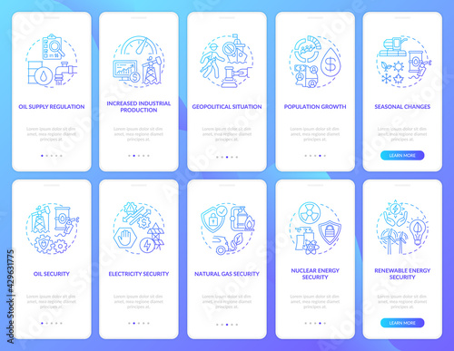 Energy provision onboarding mobile app page screen with concepts set. Industrial producing, safety walkthrough 5 steps graphic instructions. UI, UX, GUI vector template with linear color illustrations