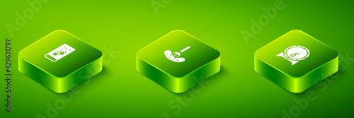 Set Isometric Pickled cucumber on a fork, Wooden barrel rack and Effervescent tablets in water icon. Vector