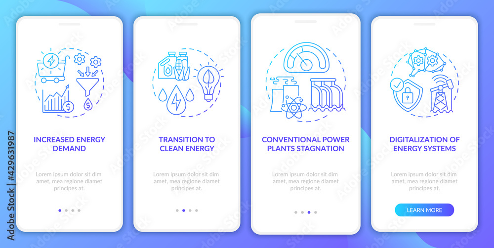 Energy sector trends onboarding mobile app page screen with concepts. Power plants stagnation walkthrough 4 steps graphic instructions. UI, UX, GUI vector template with linear color illustrations