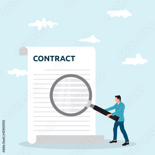 Businessman holding magnifying glass, studying terms of agreement. Signing business document. Inspection legal paper. Successful deal. Vector illustration flat design.