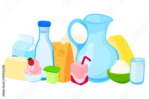 Set dairy product slice cheese, plate yogurt, jug milk and dessert ice cream foodstuff flat vector illustration, isolated on white.