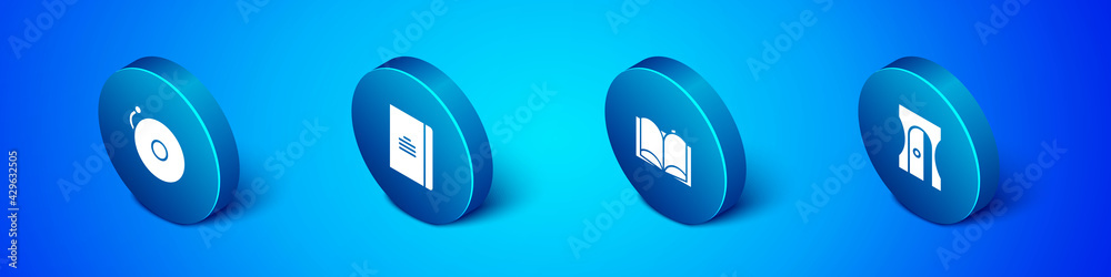 Set Isometric Ringing alarm bell, Open book, Pencil sharpener and Spiral notebook icon. Vector Set Isometric Ringing alarm bell, Open book, Pencil sharpener and Spiral notebook icon. Vector