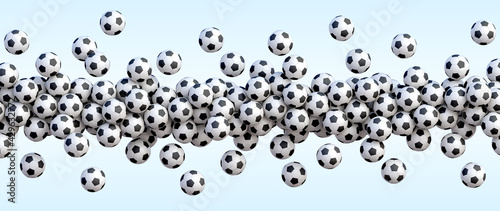Soccer flying balls. Many classic black and white football balls flying over blue background. Realistic vector background