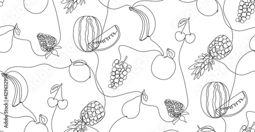 Fruity seamless pattern with fruits in single line drawing. Black and white minimalist art.