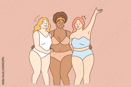 Body acceptance, body positivity and diversity concept. Group of 3 smiling happy oversize women posing in bikini and feeling confident and positive vector illustration 