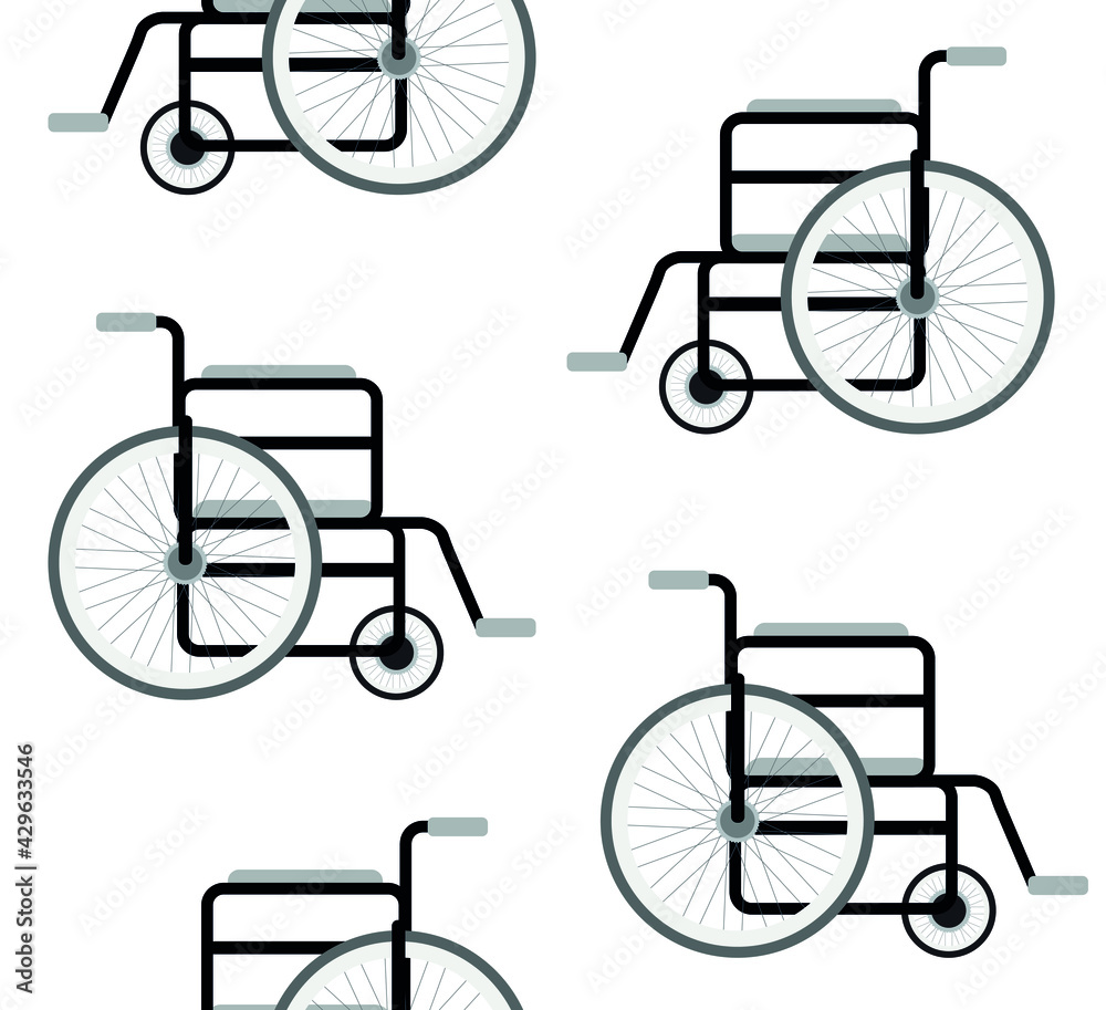 Vector seamless pattern of flat cartoon wheelchair isolated on white background Vector seamless pattern of flat cartoon wheelchair isolated on white background