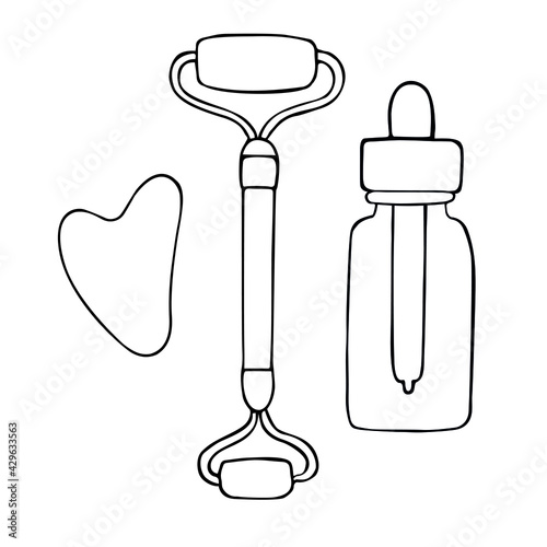 Vector hand drawn doodle sketch gua sha jade roller and oil bottle set isolated on white background