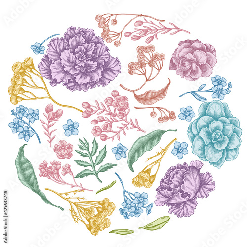 Round floral design with pastel wax flower, forget me not flower, tansy, ardisia, brassica, decorative cabbage