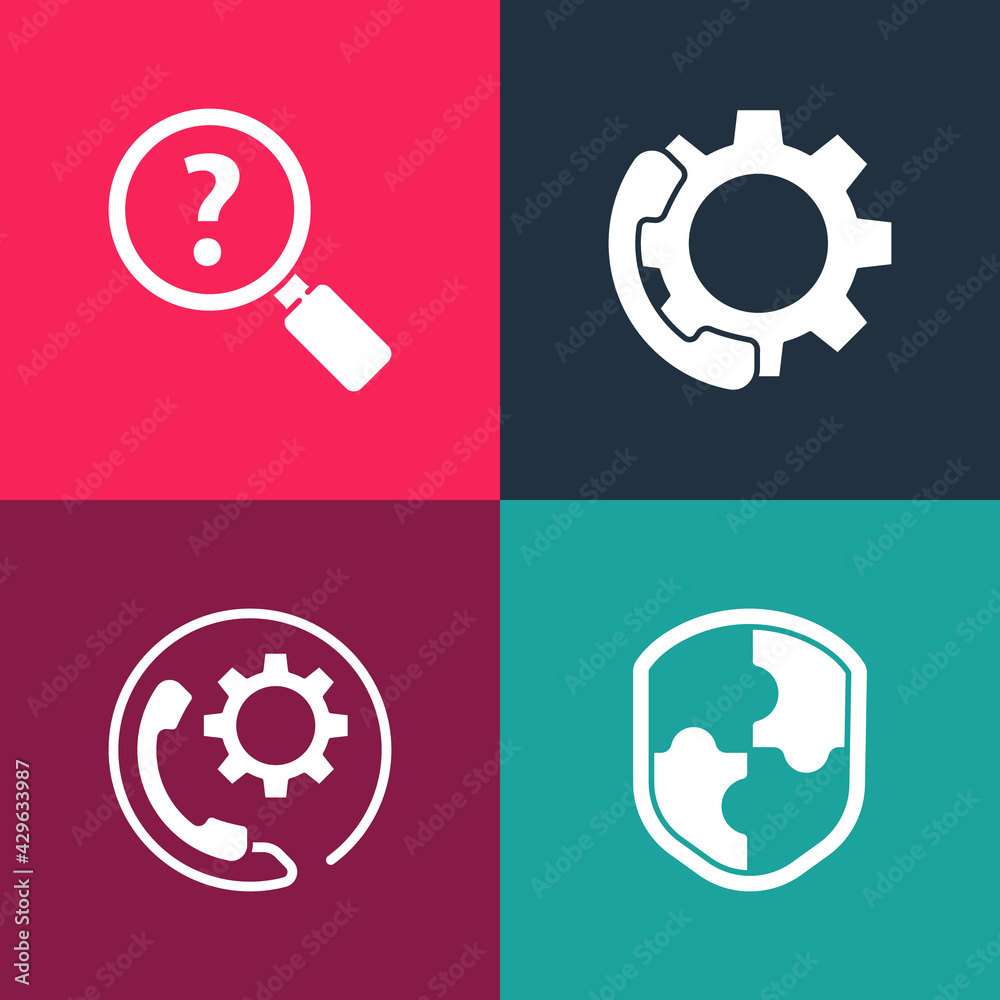Set pop art Shield, Telephone 24 hours support, and Unknown search icon. Vector Set pop art Shield, Telephone 24 hours support, and Unknown search icon. Vector