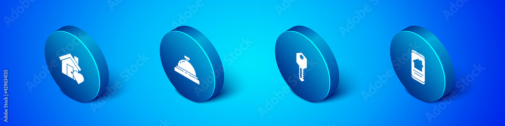 Set Isometric House with heart shape, key, Online real estate house and Hotel service bell icon. Vector