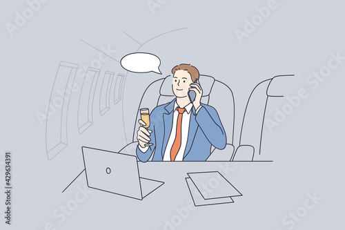 Private plane and luxury business life concept. Young smiling Businessman from sitting lying on his private jet drinking champagne talking on phone vector illustration 