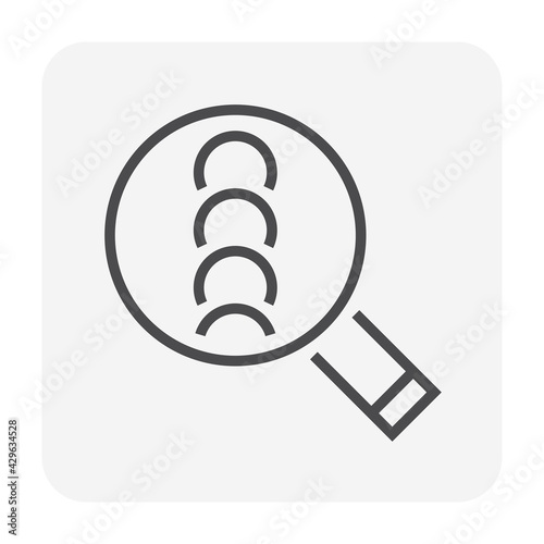 Welding quality inspection check vector icon. Consist of workpiece,  butt or fillet and magnifying glass tool. To find crack, destructive or defect of weld joint. Good location and coverage. 64x64 px.