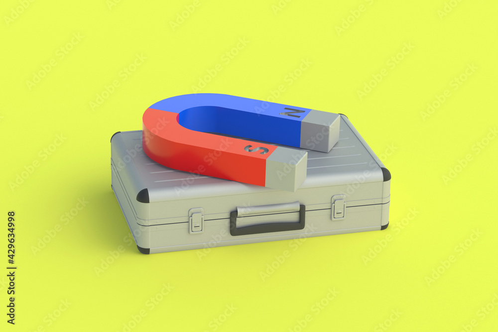 Metal suitcase near magnet. Attracting investors. Increase in financial and investment capital. Customer growth marketing solutions. 3d render Metal suitcase near magnet. Attracting investors. Increase in financial and investment capital. Customer growth marketing solutions. 3d render