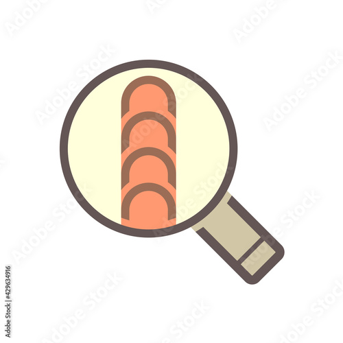 Welding quality inspection check vector icon. Consist of workpiece,  butt or fillet and magnifying glass tool. To find crack, destructive or defect of weld joint. Good location and coverage. 64x64 px.