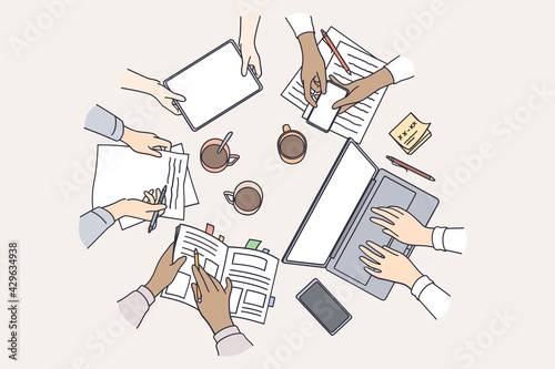 Brainstorming, teamwork, technology concept. Top view of table with different electronic devices and young freelancers having Brainstorming new ideas at meeting vector illustration 