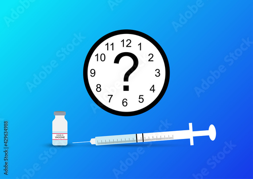 Concept of how long immunity will last after covid-19 vaccination. Illustration of syringe, vaccine and clock.