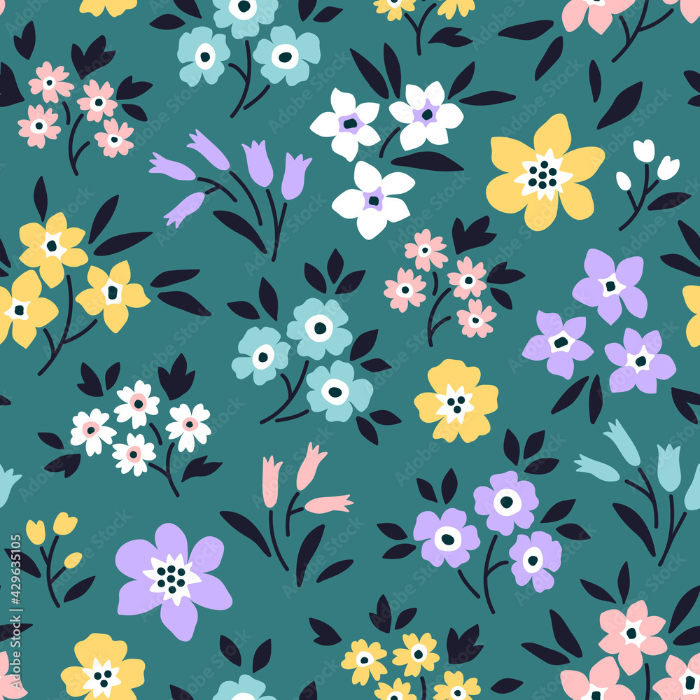 Vintage floral background. Seamless vector pattern for design and fashion prints. Flowers pattern with small colorful flowers on a green-blue background. Ditsy style.