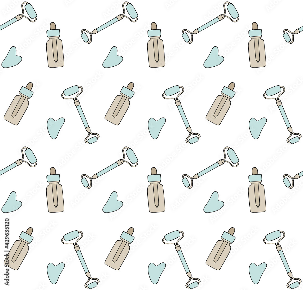 Vector seamless pattern of hand drawn doodle sketch mint green gua sha jade roller and oil bottle set isolated on white background