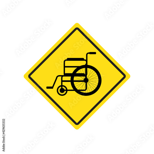 Vector wheelchair silhouette in yellow rhombus isolated on white background. Disabled invalid sign